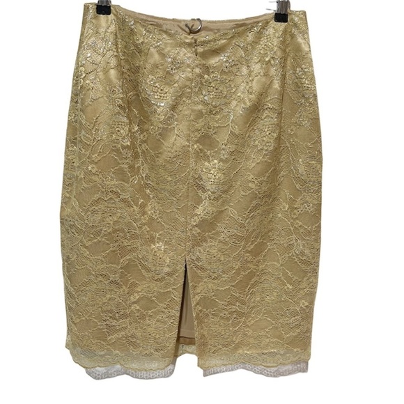 Kate Hill Women’s Gold Lace Pencil Skirt back Slit Sz 6 Lined - Picture 7 of 11